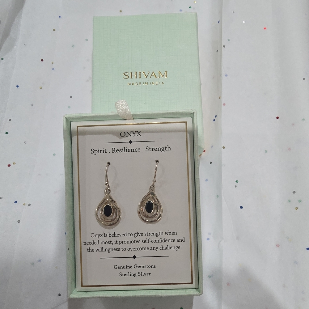 Shivam Onyx Sterling Silver Teardrop Dangle Earrings Oval Black Gemstone